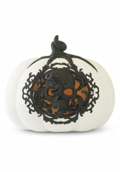 7.75" White And Black LED Pumpkin With Filigree And Skull